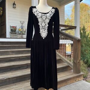 Cachet Black Velvet Dress with White Lace Accent